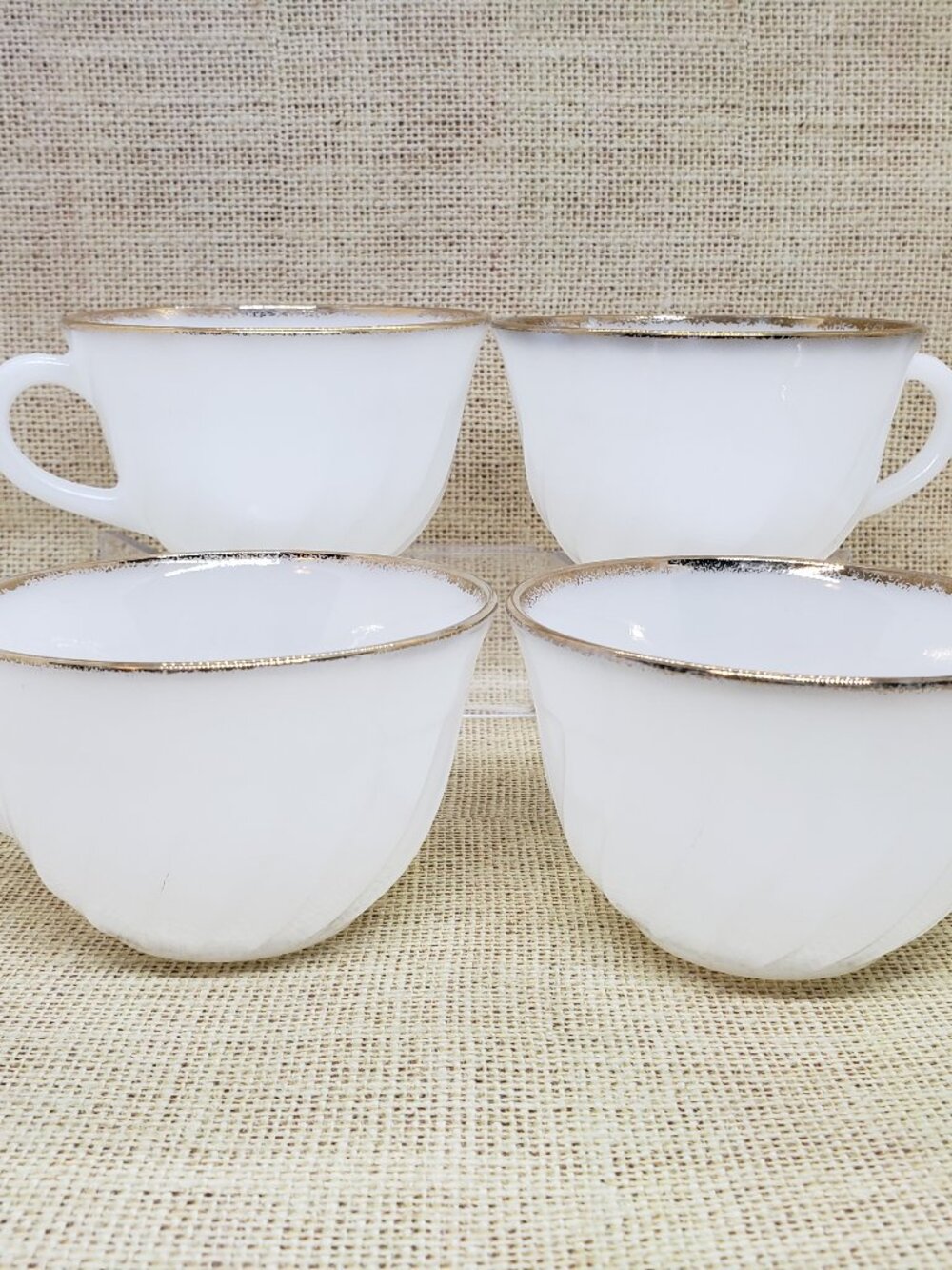 4 Fire King Anniversary Set Tea Cups C Handle Vintage Swirl Milk Glass Gold Rim